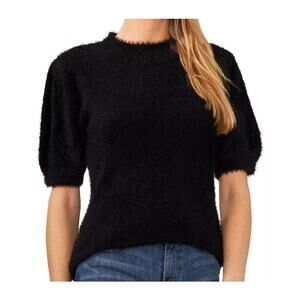 CeCe Short Sleeve Mock Neck Eyelash Knit Top Sz Small in Black NWT blouse shirt